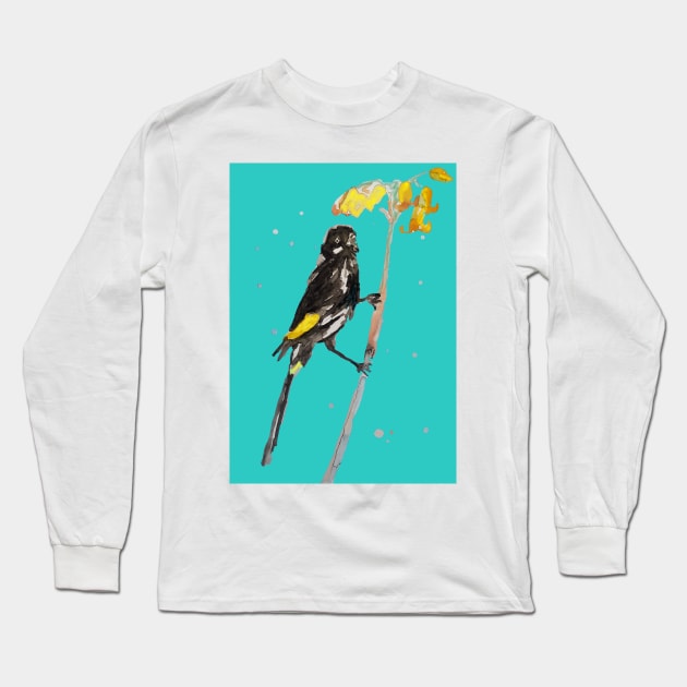 Australian Honeyeater Bird Painting - New Holland on Turquoise Long Sleeve T-Shirt by SarahRajkotwala